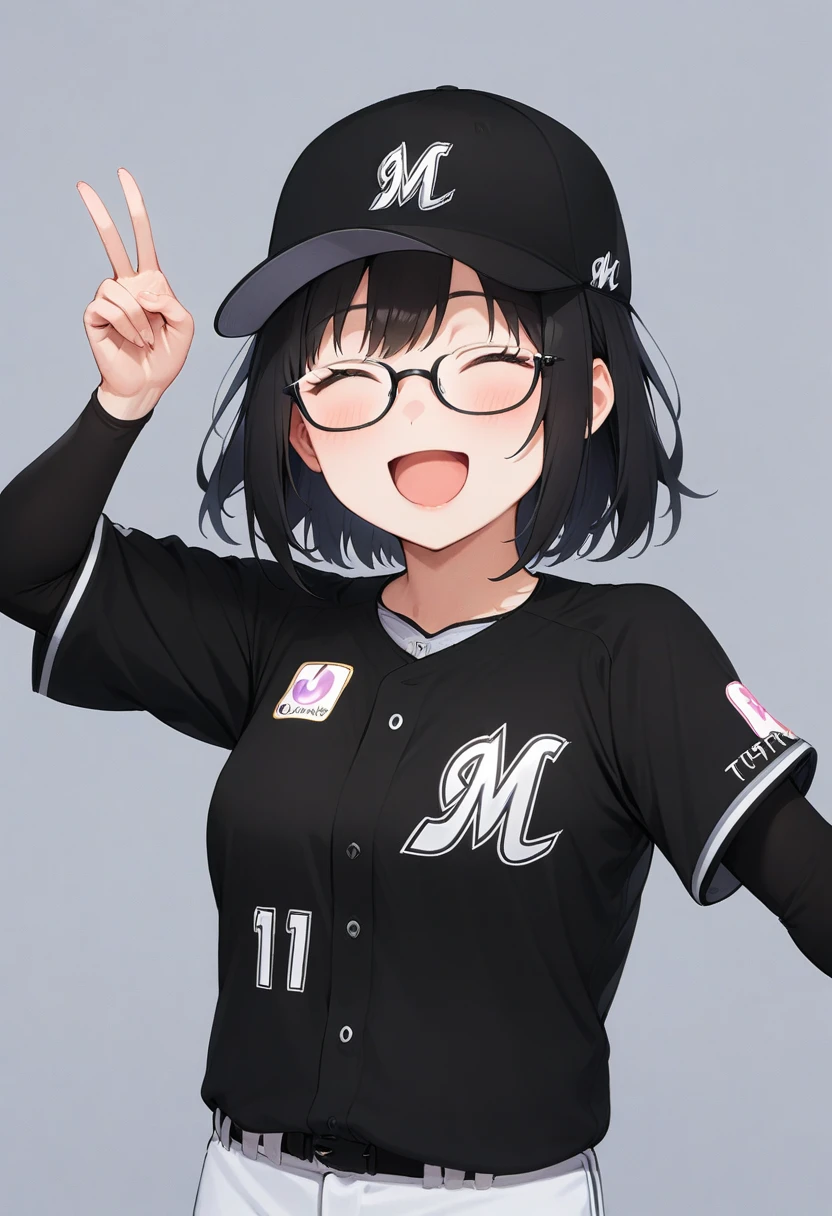 masterpiece, best quality, very aesthetic, absurdres,
1girl, solo, glasses, black hair, medium hair, happy, smile, v, closed eyes, open mouth, 
chibalotteV, baseball uniform, baseball cap, black cap, grey background, simple background, upper body,
 <lora:ChibaLotteMarinesUniformV_SDXL_V1:1>