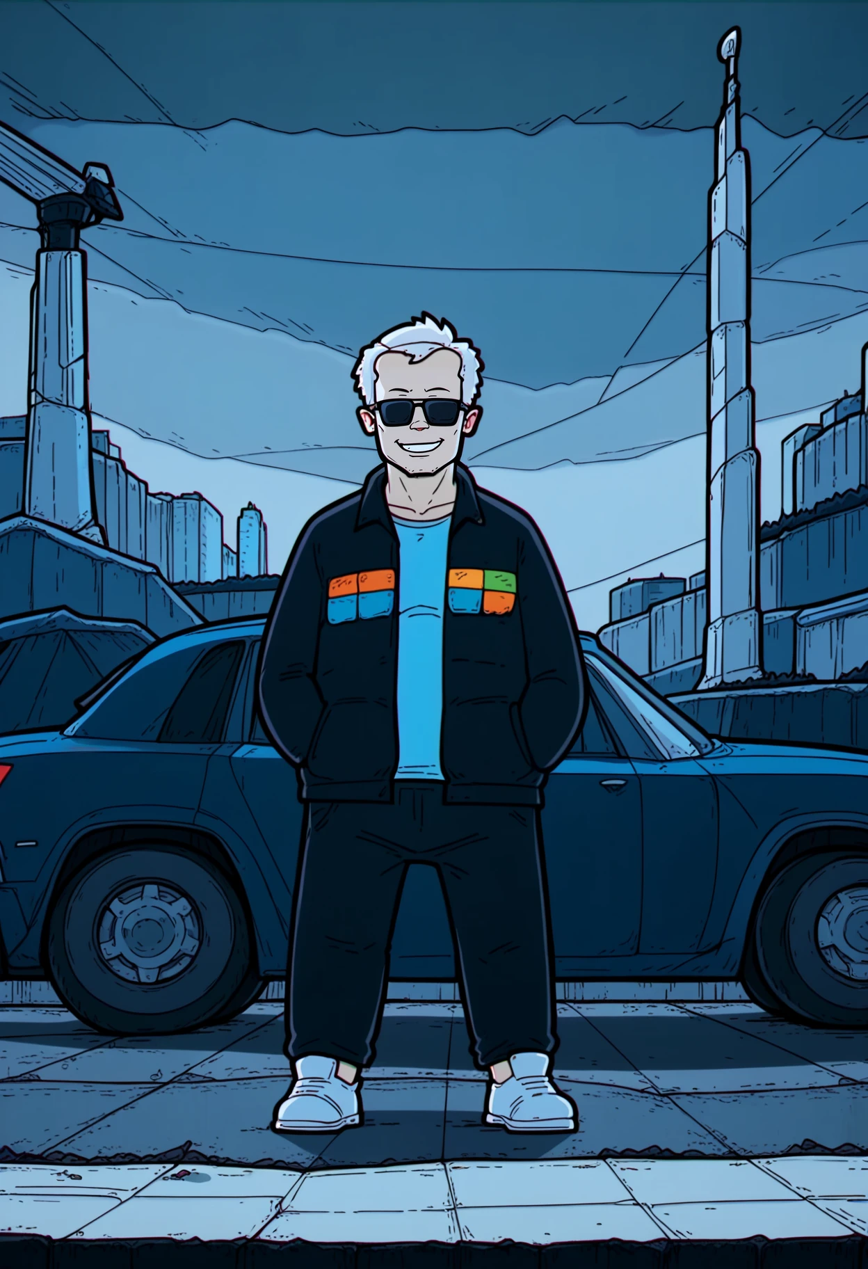 score_9, best quality, masterpiece, uncensored, source_cartoon, chromatic aberration
BREAK
smile, short hair, 1boy, solo, standing, jacket, white hair, male focus, shoes, pants, sunglasses, robot, motor vehicle, science fiction, car
<lora:lazy_square_pony_v2:1>