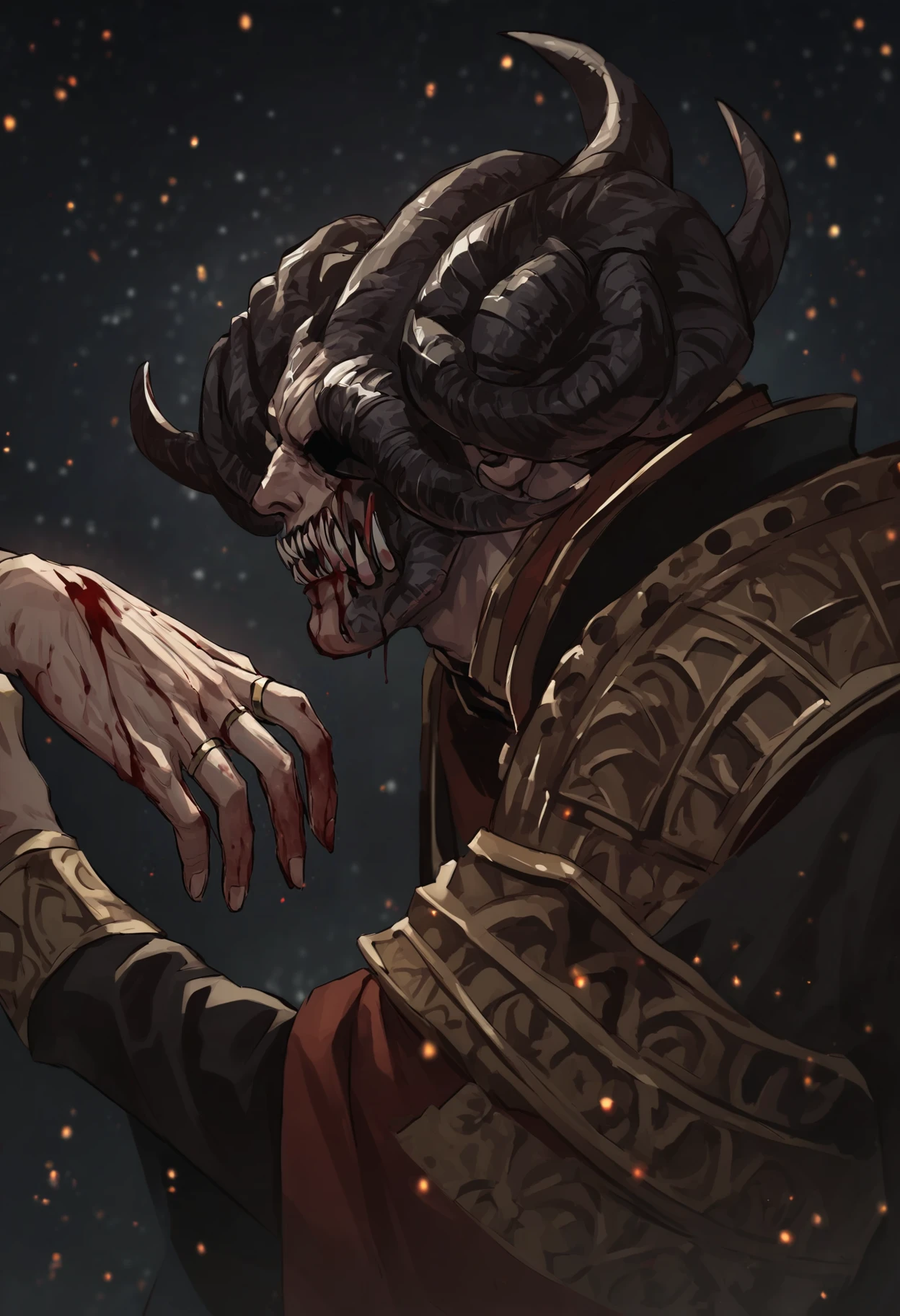 masterpiece,best quality,highly detailed,score_9,score_8_up,score_7_up,score_6_up,highly detailed,cinematic,source anime,
BREAKfingernails,
<lora:MohgPony1.0:0.9>,1boy,mohg lord of blood,one eye covered,black robe,blood,teeth,horns,demon horns,sharp teeth,open mouth,male focus,
jewelry,gloves,ring,upper body,from side,
holding hands,particles,