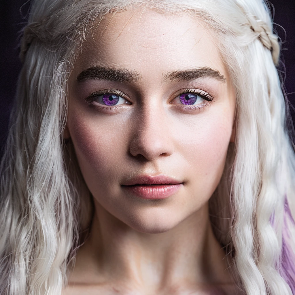 Skin texture, Closeup portrait face photo of a young woman with violet eyes dressed as a targaryen from game of thrones,platinum blonde hair,f /2.8, Canon, 85mm,cinematic, high quality, looking at the camera, ,emxclrke,  <lora:emclarke_juggerX_xl_2_st_wocap-emxclrke-000025:1>