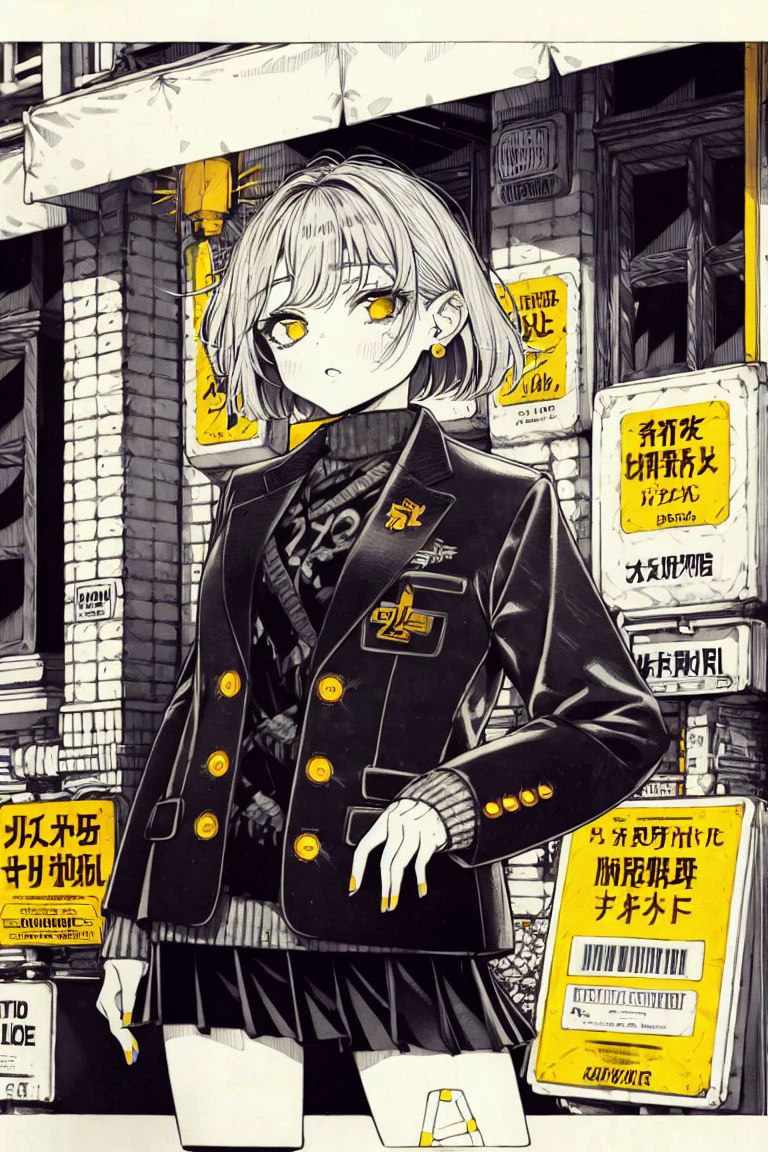 masterpiece, <lora:kitamurashu-56:1> kitamurashu,
1girl, solo, short hair, skirt, long sleeves, jewelry, jacket, monochrome, yellow eyes, white hair, cowboy shot, pleated skirt, earrings, black skirt, sweater, border, black jacket, leather jacket, plant, building, bandaid, white border, spot color, sign, bandaid on leg, yellow nails