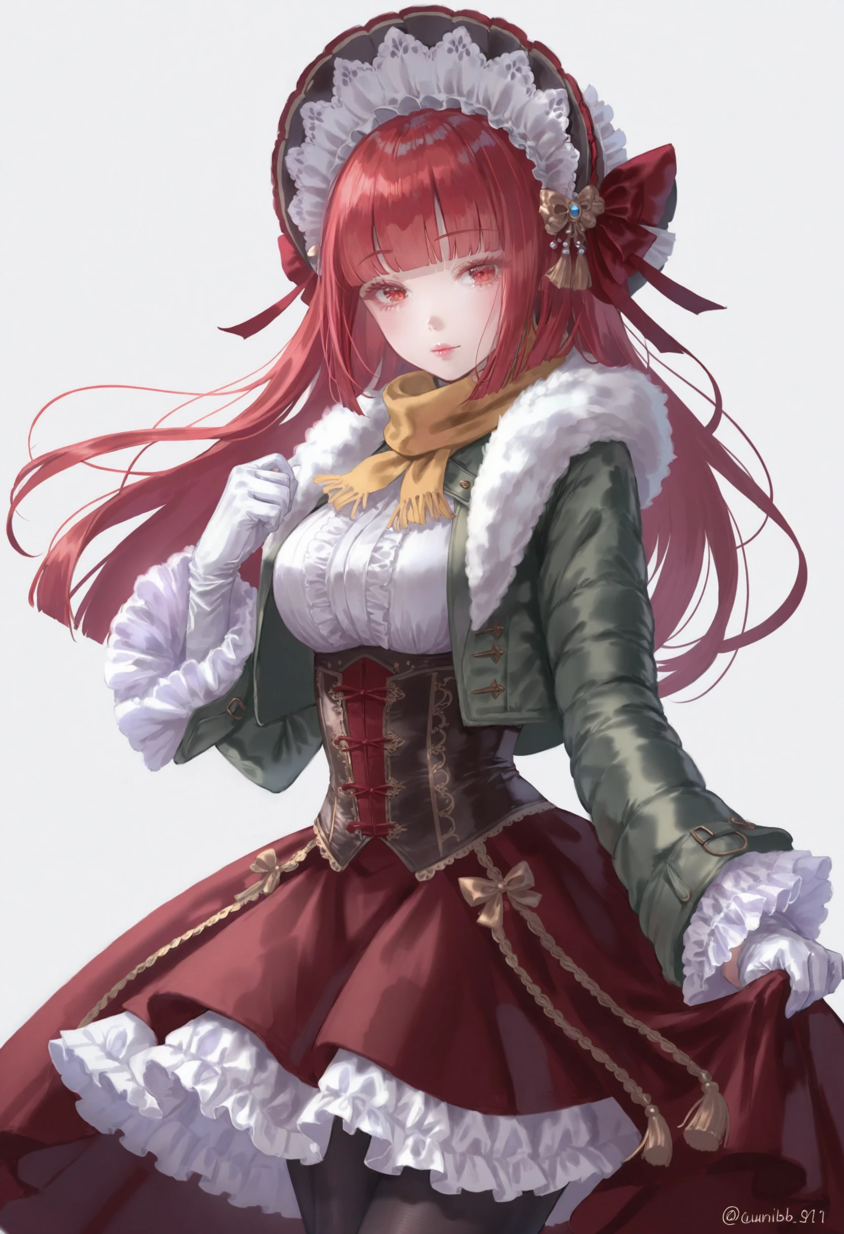 masterpiece, best quality,1girl,   solo, black pantyhose, red hair, 1011ta, gloves, red eyes, skirt, coat, hime cut, skirt set, white gloves, red skirt, bonnet, tassel, medium skirt, large breasts, fur scarf, long sleeves, fur coat, blunt bangs, official alternate hairstyle, breasts, looking at viewer, scarf, closed mouth, green coat, cowboy shot, headpiece, adapted costume, layered skirt, simple background, v, standing, yellow scarf, chuunibyou, white background, frilled sleeves, underbust, eyelashes, long hair, petticoat, hand up, hat, frilled skirt, black headwear, blush, very long hair, pantyhose, twitter username, frills