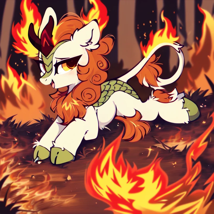 safe, pony, solo, kirin, female, autumn blaze, prone, unshorn fetlocks, forest, (🔥:1.3), artist:mirtash