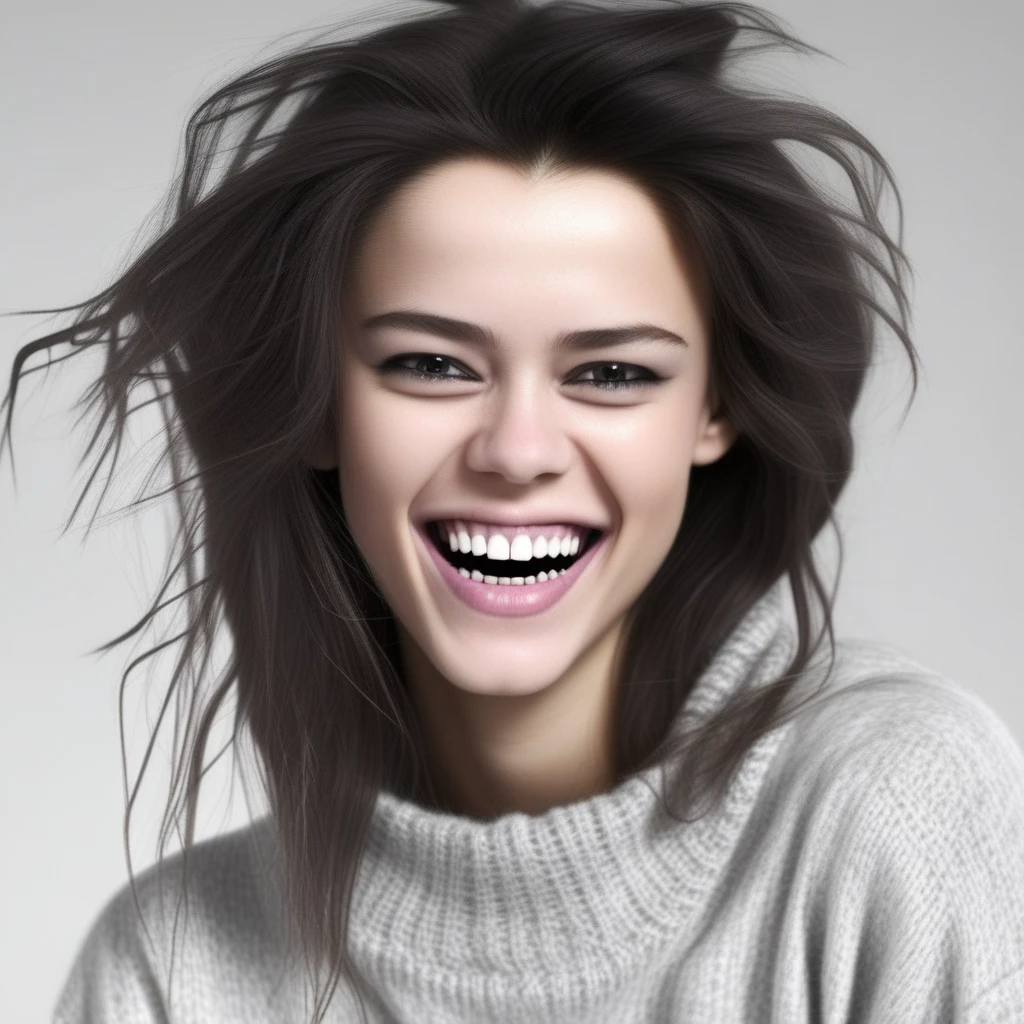 1girl, messy hair, teeth, black eyes, parted lips, blurry, greyscale, sweater, simple background, iveta