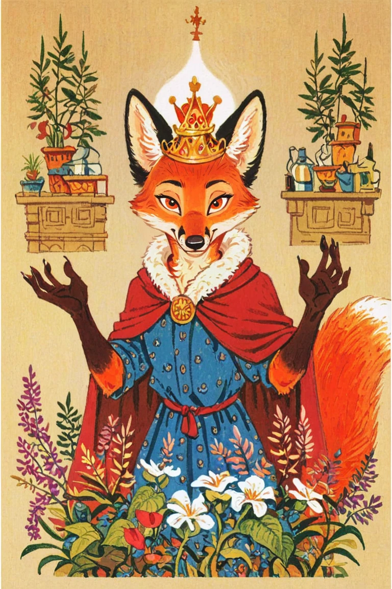 anthro fox girl,princess,(solo:1.5),imperial garden,crown,flowers and plants
Trepenok,cape,portrait,looking at viewer
<lora:Trepenok:0.8>
  <lora:age_slider_v4:-2> <lora:Perfect Hands:1>, score_9, score_8_up, score_7_up, score_6_up, score_5_up, score_4_up,zPDXL