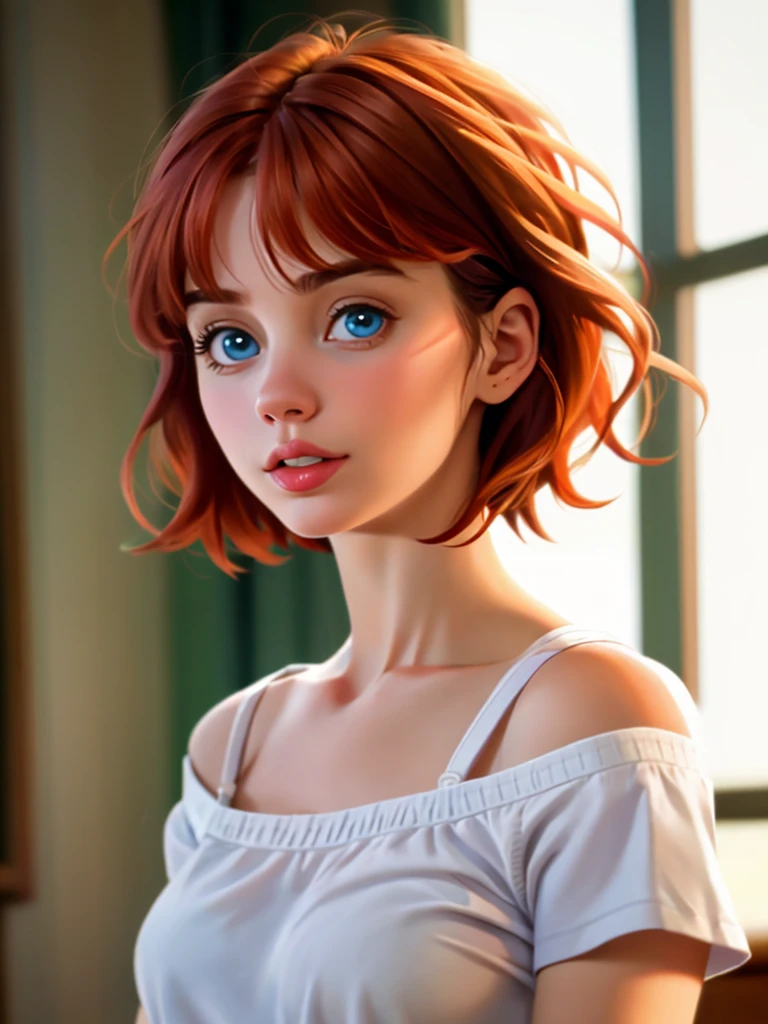 Realistic photo of a beautiful m4rt4g woman,1girl, solo, looking at viewer, short hair, bangs, blue eyes, red hair, shirt, white shirt, upper body, short sleeves, parted lips, teeth, indoors, off shoulder, blurry, lips, blurry background, realistic, nose, professional Photography, Photorealistic, detailed, RAW, analog, sharp focus, high quality, film grain<lora:m4rt4g:1.0>