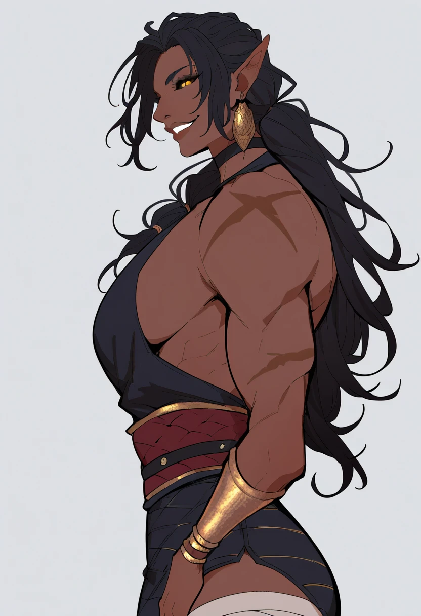 <lora:Banished_Shadow_Artist_Style_and_Characters:1> bs_style,
1girl, bs_vanya, long hair, black hair fading to white, two-tonne hair, twin ponytails, pointy ears, orange eyes, black sclera, dark skin, brown skin, muscular female, biceps, ass, scars, biceps rings, bracelets, rings, golden jewelry, bandage thigh highs, thick thighs,
coy smile, confident grin, raised chin, side view, sideboobs, looking over shoulder, looking at viewer, bedroom eyes,, score_9, score_8_up, score_7_up, score_6_up, score_5_up, score_4_up, (8k uhd, masterpiece, best quality, high quality, absurdres, ultra-detailed)