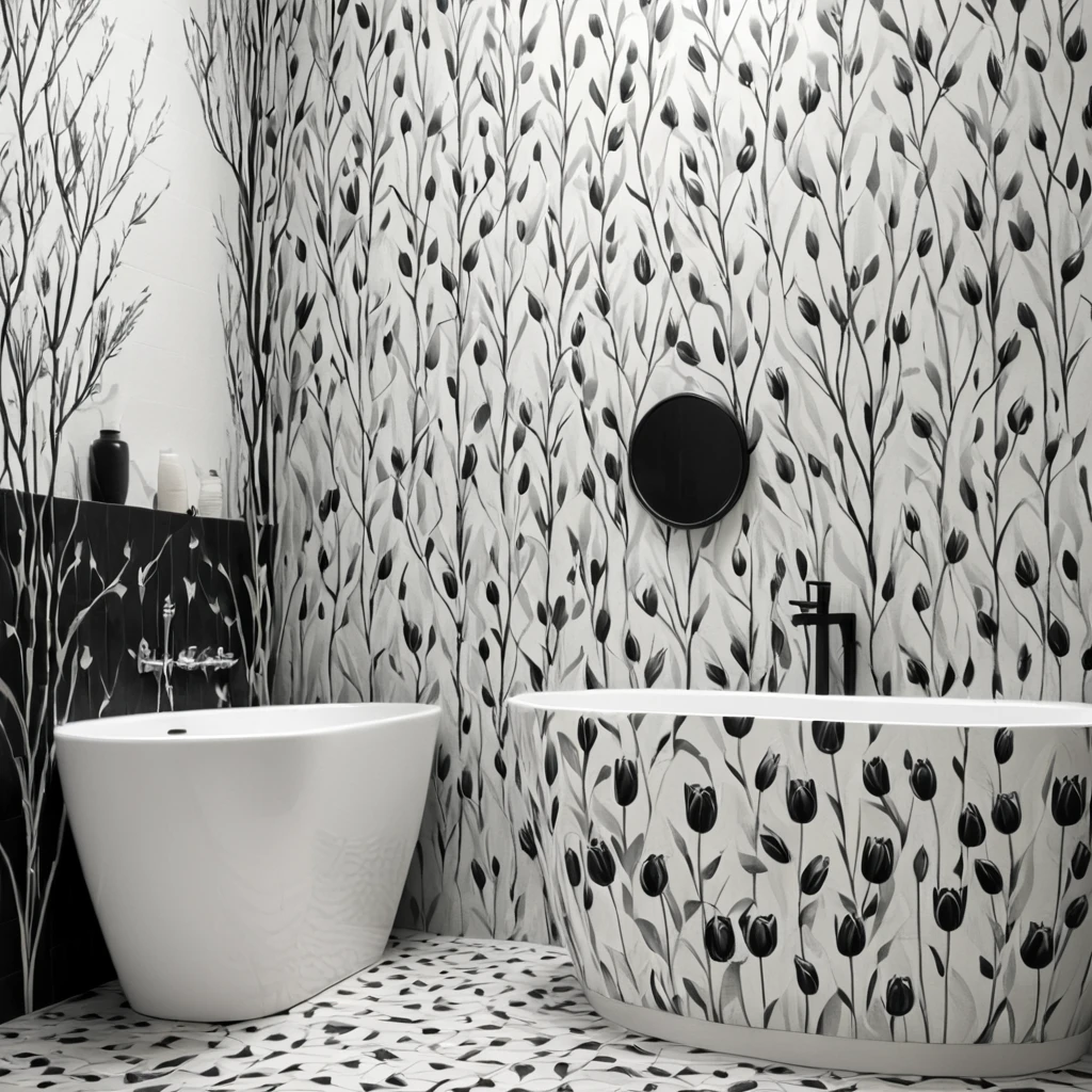 <lora:artfullyTULIPWILLOW_SDXL_V1:1>, arttlpwllw, repeating pattern, black and white, elegant, minimal, decadence, beautiful,willow and tulip
, tiled bathroom