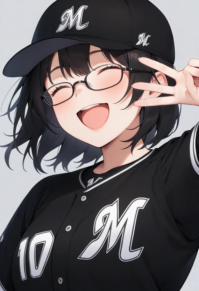 masterpiece, best quality, very aesthetic, absurdres,
1girl, solo, glasses, black hair, medium hair, happy, smile, v, closed eyes, open mouth, 
chibalotteV, baseball uniform, black shirt, baseball cap, black cap, grey background, simple background, upper body,
 <lora:ChibaLotteMarinesUniformV_SDXL_V1:1>