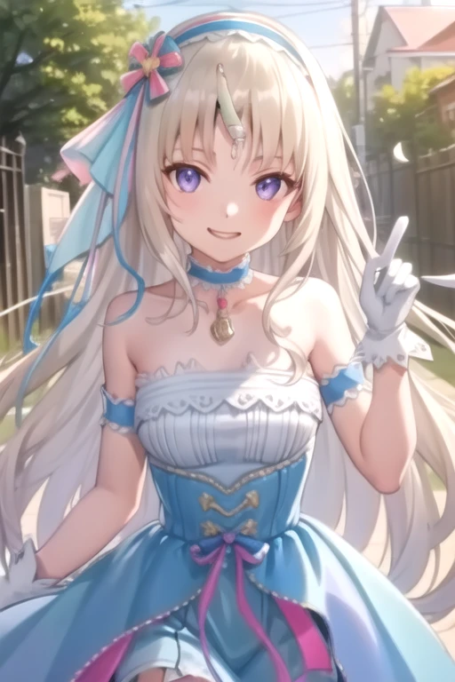 ((masterpiece)),(best quality),official art,extremely delicate and beautiful,extremely detailed CG,unity 8k wallpaper,ultra detailed,beautiful detailed eyes,extremely detailed face,outdoors,1girl,solo,cowboy shot,looking at viewer,facing viewer,smile,Civia,very long hair,blonde hair,single horn,hair ribbon,blue hairband,blue hairband,hair ornament,sidelocks,parted bangs,purple eyes,collarbone,jewelry,choker,necklace,bare shoulders,blue dress,blue bow,blue ribbon,white gloves,medium breasts,frills,bridal garter,thigh strap,blue skirt,sandals,<lora:Civia(vtb)>,