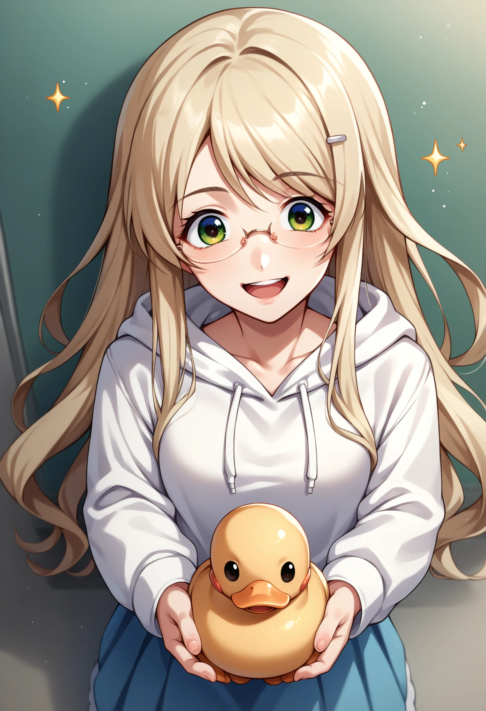 score_9, score_8_up, source_anime, 1girl, solo, KusunokiYua, long hair, glasses, hairclip, white hoodie, from above, excited, sparkles, smile, open mouth, duck, holding animal, <lora:ChamYuaKusunokiPonyXL:1>