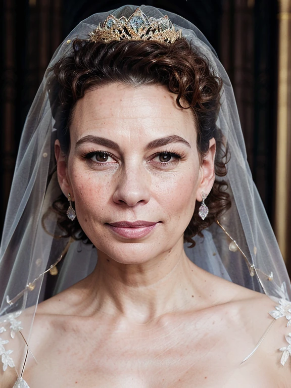 donna_langley, woman, young, bride, white wedding dress, diamond tiara, veil, perfect brown hair, diamond embroidery, portrait, gold jewelry, diamond earrings, looking at viewer, beautiful face, perfect brown eyes, pouty pink lips, perfect skin, few freckles, best quality, indoors, cathedral, church, soft lighting <lora:donna_langley_512p_nocap_16i_8r_12e_64d_32a:0.45>