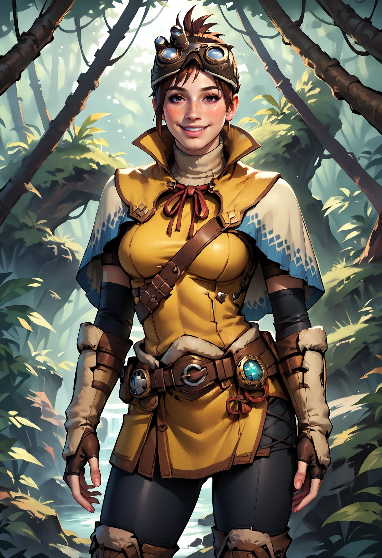 score_9, score_8_up, score_7_up, score_6_up, score_5_up, score_4_up, rating_safe, 1girl, breasts, solo, MHWHandler, looking at viewer, blush, smile, jungle forest, huge trees, brown hair, freckles, HandlerDefaultOutfit, goggles on head, capelet, black pants, yellow vest, brown boots, fingerless gloves
 <lora:The_Handler_Monster_Hunter_World_PONY:0.8>