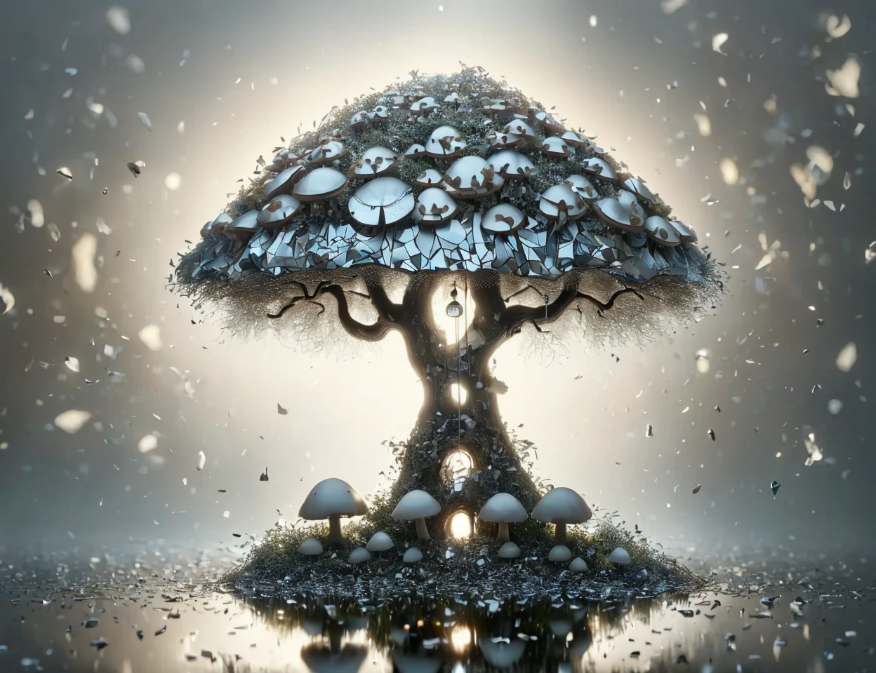 masterpiece, awesome quality, cinematic lighting, detailed, DonMBr0ck3nM1rr0r harmonious tiny bell rough mushroom, flexible, corded, root colonization by fungi, archipelago, clumped,   double ring,   }    <lora:DonMBr0ck3nM1rr0r:1>