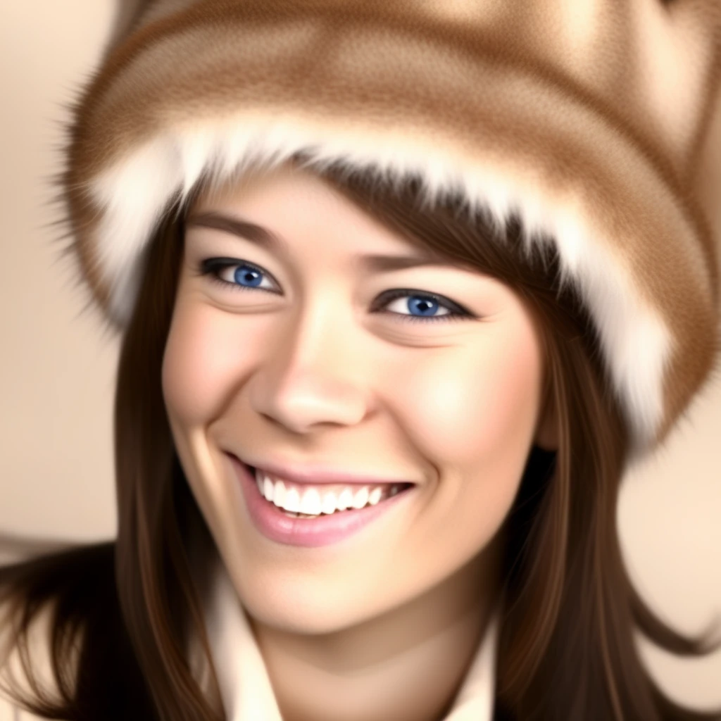 fur hat, solo, brown hair, sepia, collared shirt, smile, closed mouth, lips, looking at viewer, blue eyes