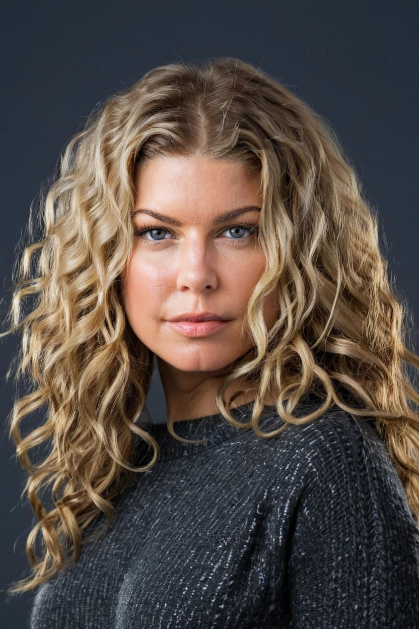 portrait photo of a young ohwx woman,wearing a sweater, long curly hair,cinematic lighting,natural skin,close up,eyelevel,dark theme, plain background  <lora:Fergie-000006:0.8>