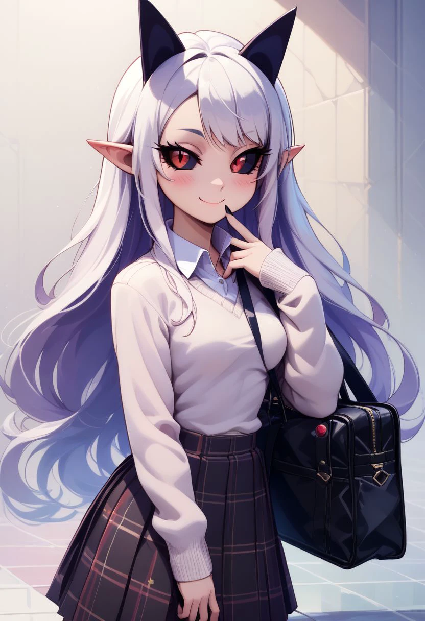 score_9, score_8_up, score_8, medium breasts, (curvy), cute, eyelashes,     
BREAK,
zzPram, 1girl, solo, long white hair, horns, pointy ears, red eyes, black sclera,
BREAK,
 closed mouth, alternate costume, smile, nail polish, looking at viewer, hand up, collared shirt, blush, sweater, black skirt, black nails, eyelashes, long sleeves, sleeves past wrists, plaid skirt, shoulder bag, black bag, blurry, tile floor, pleated skirt, white shirt  ,
zPDXL,