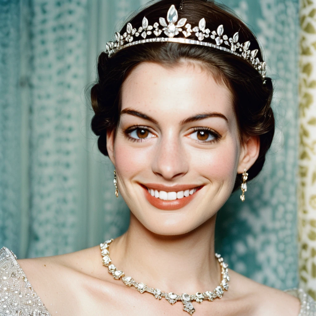 (Skin texture),High quality,Closeup face portrait photo, analog, film grain, actress dressed as a medieval queen with a delicate diamond tiara,regal, bright smile, anxhthway, <lora:anhathaway_juggerX_xl_1_standard_wocap_merger_56prev_51_72_04_03_03-anxhthway:1.0>