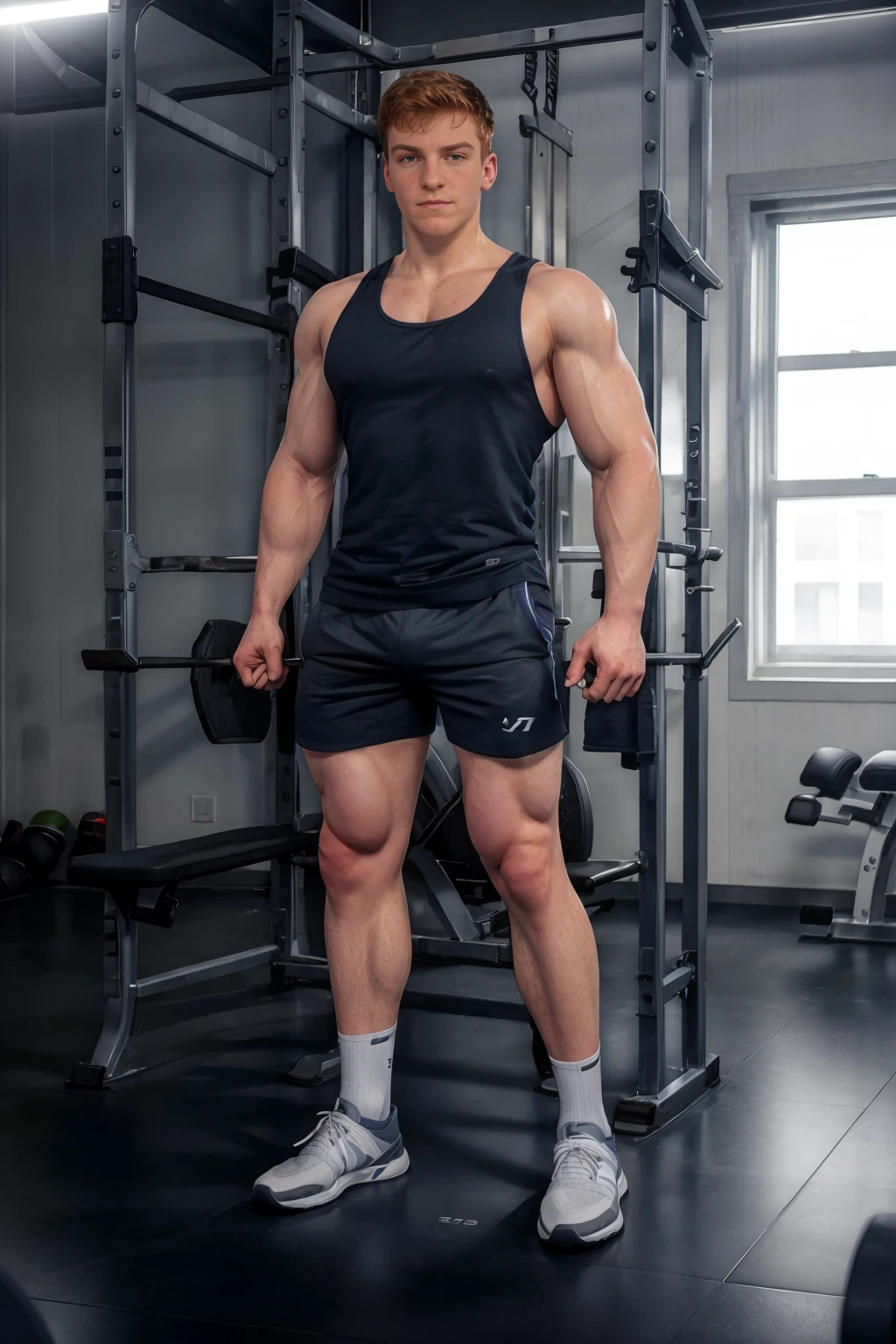 university gym, modern, high ceiling, weight machines in the background, standing beside a weight bench, MichaelRed, sexytrainer, wearing (dark blue tank top), gray shorts, white socks, (black sneakers), sweaty brow, (((full body portrait))), wide angle <lora:Clothing - Sexy Personal Trainer:0.65><lora:MichaelRed:0.8>