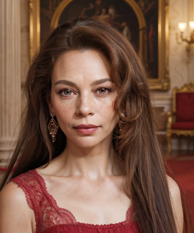 masterpiece, ultra detailed, donna_langley, queen, red dress, regal, portrait, close-up, woman, jewelry, earrings, 1girl, (looking at viewer:1.3), beautiful face, (long straight hair:1.3), (straight hair:1.3), (long hair:1.3), (perfect eyes:1.2), brown eyes, pouty pink lips, perfect textured skin, freckles, high resolution, best quality, indoors, castle, ornate, soft lighting, shadows, ambient occlusion <lora:donna_langley:0.3>