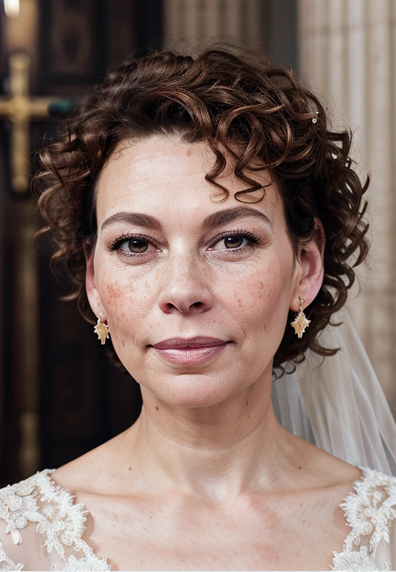 donna_langley, young, bride in a white wedding dress, embroidery, portrait, close-up, woman, gold jewelry, diamond earrings, looking at viewer, beautiful face, perfect brown hair, perfect brown eyes, pouty pink lips, perfect skin, few freckles, best quality, indoors, cathedral, church, soft lighting <lora:donna_langley_512p_nocap_16i_8r_12e_64d_32a:0.4>