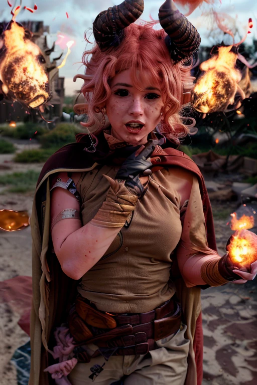 RAW photo, a photo of nixie with pink hair and horns on her head, throwing a ball of fire, red cape over her shoulders wearing a brown shirt, detailed face, pale skin, slim body, background is city ruins, (high detailed skin:1.2), 8k uhd, dslr, soft lighting, high quality, film grain, Fujifilm XT3
<lora:nixie v1.1:1>