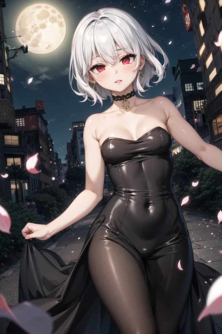 (masterpiece, best quality:1.3), (colorful), 1girl, solo,
(long dress, sleeveless, strapless:1.3),
(realistic:1.2), (dynamic angle),great composition, (beautiful and aesthetic:1.2), (detailed background:1.5), (city streets, at night, full moon, wind and flower petals:1.2),
empty eyes, half-closed eyes, (standing:1.2), (armpits:1.1),
choker, jewelry, (instricated detailed eyes and hair:1.2), lace eyelashes, glossy skin, parted lips, seductive,
white hair, short hair, red eyes, hair between eyes, 
<lora:hyouju_issei-10:0.7:lbw=ALL>