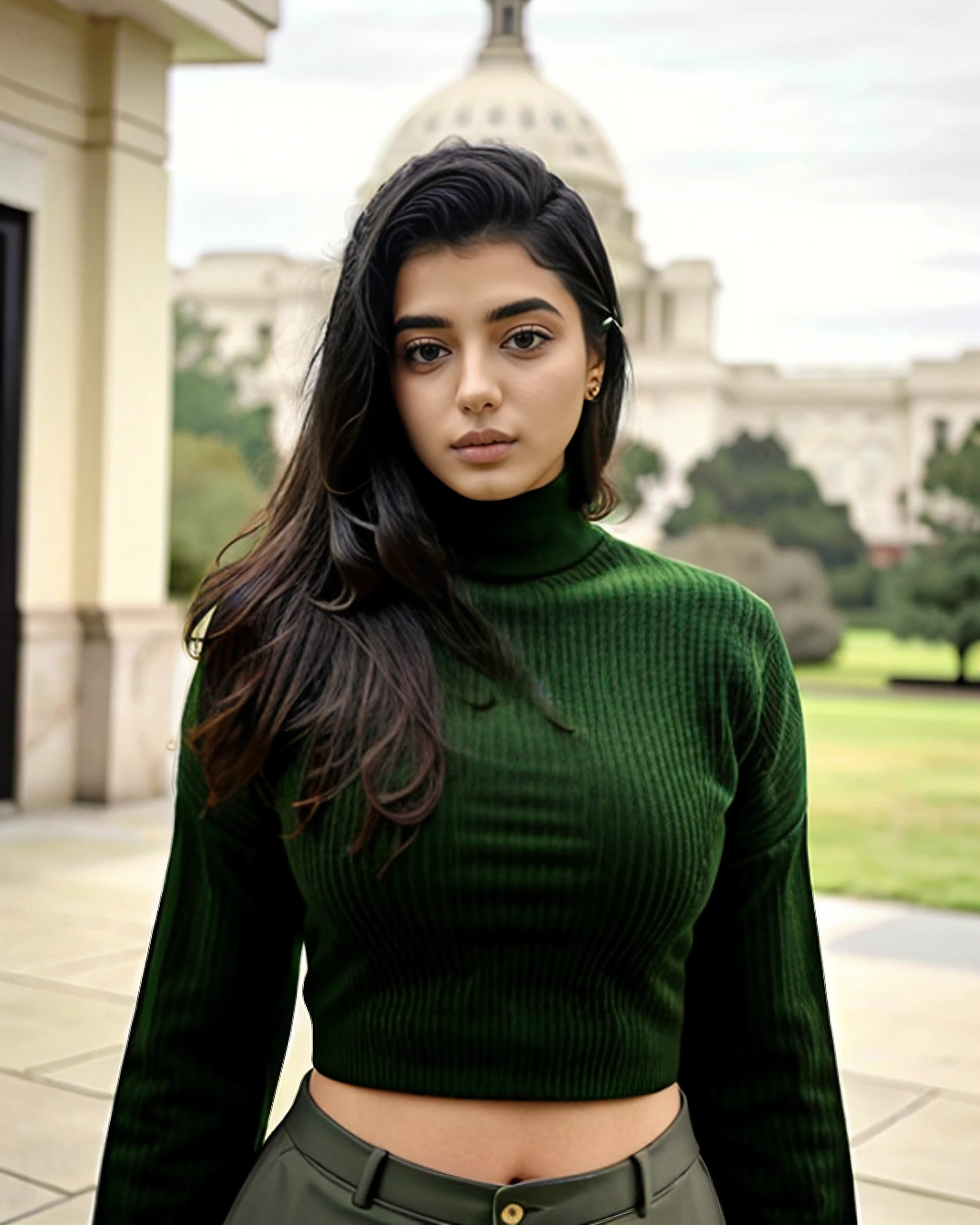 full_body photo of a ktka woman, intricate Emerald turtleneck sweater,  solo, outdoors in capitol building, background bokeh    <lora:ktka_Ketika_Sharma_SD15_LoRA_prodigy_local_regs_50epochs-000040:1>