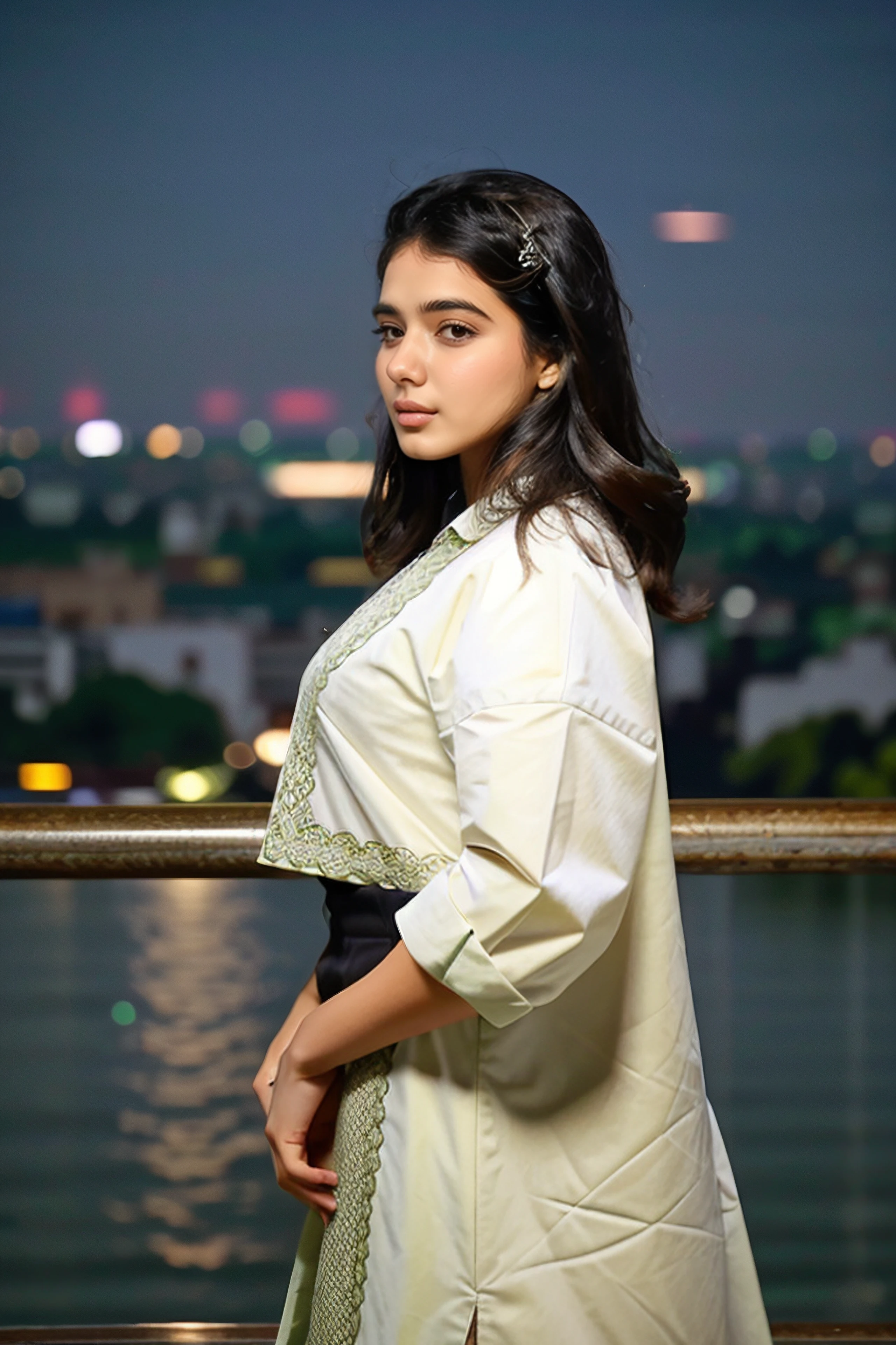 portrait photo of a thin 20-year-old ktka woman, headshot, conservatively dressed in intricate Sage,  solo, night time, city lights bokeh     <lora:ktka_Ketika_Sharma_SD15_LoRA_prodigy_local_regs_50epochs-000040:1>