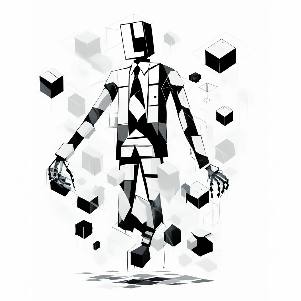 artwhmscl, monochrome, floating, necktie, envelope, shirt, cube, suit, robot