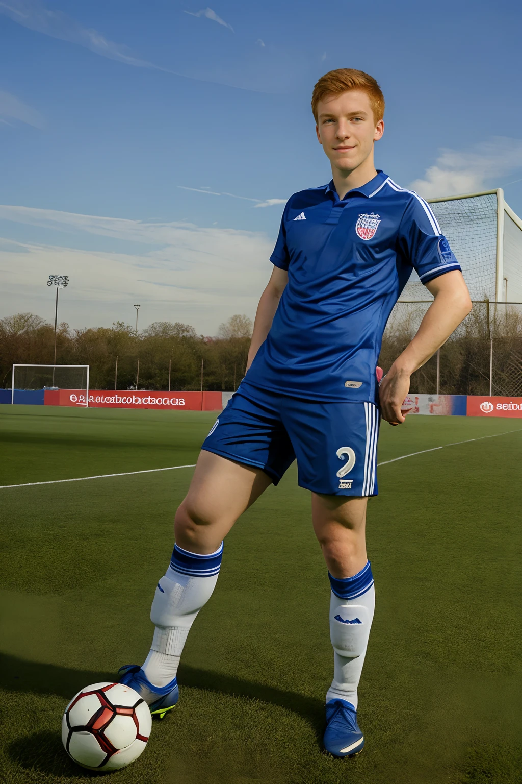 ((on a soccer field)), MichaelRed is a soccer player, slight smile, wearing blue soccer uniform, white socks, (shin guards), sneakers, soccer ball, (((full body portrait))), wide angle <lora:MichaelRed:0.8>