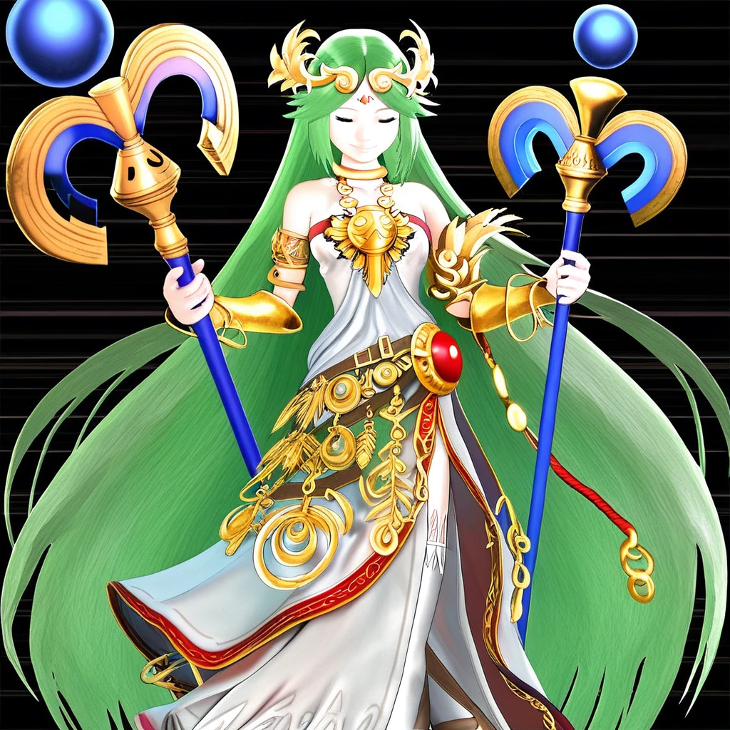 staff, palutena, jewelry, very long hair, smile, bare shoulders, tiara, closed eyes, Tiara, green hair, thighhighs