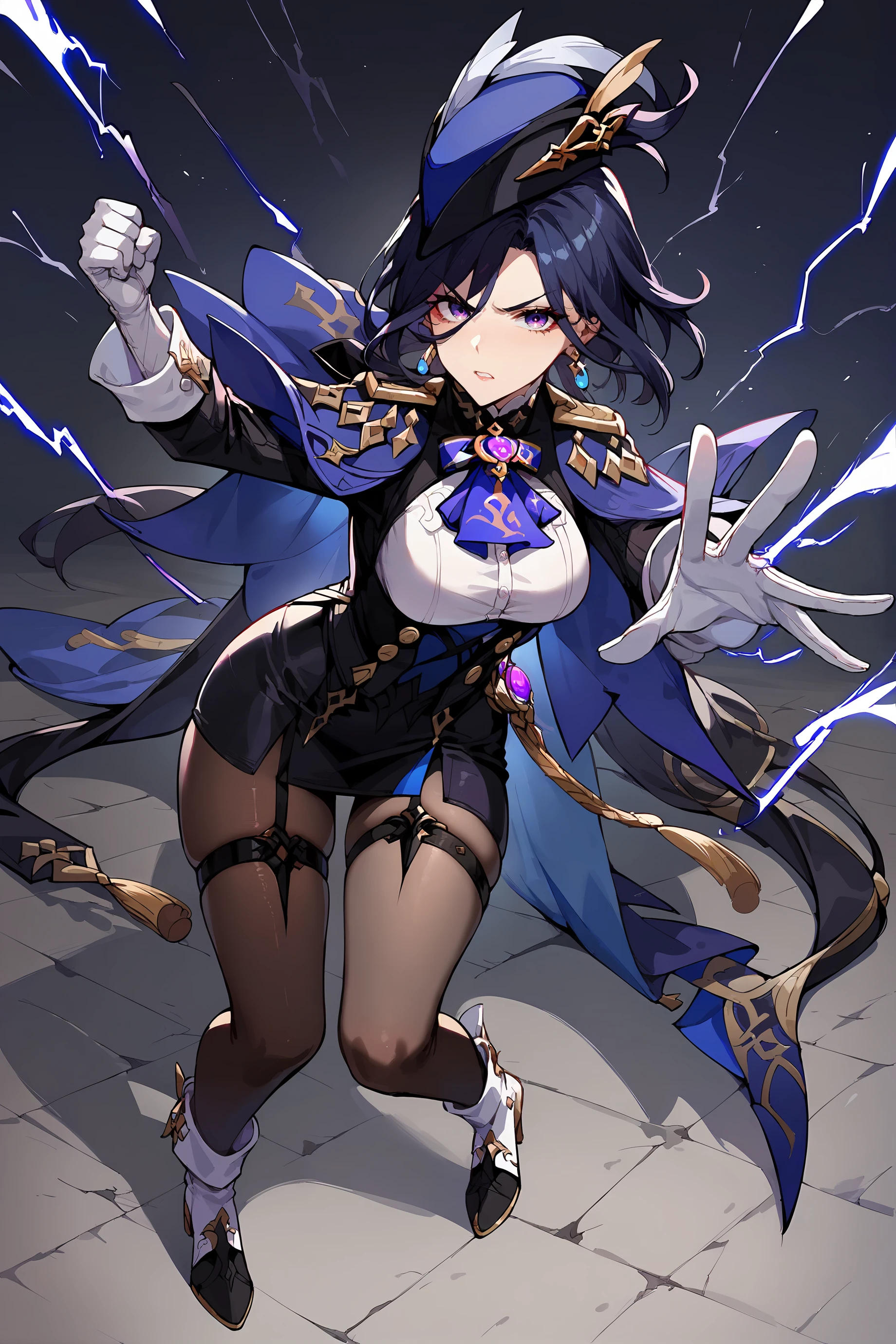 score_9, score_8_up, score_7_up, source anime, 1girl, clorinde \(genshin impact\), tricorne, black pantyhose, earrings, blue cape, white gloves, pencil skirt, white shirt, thigh strap, underbust, ascot, fold-over boots, black jacket, depth of field, full body, lightning, electricity, combat pose, incoming attack, glaring, looking at viewer <lora:Char-Genshin-Clorinde-Pony-V1:0.9> <lora:Expressive_H:0.8>