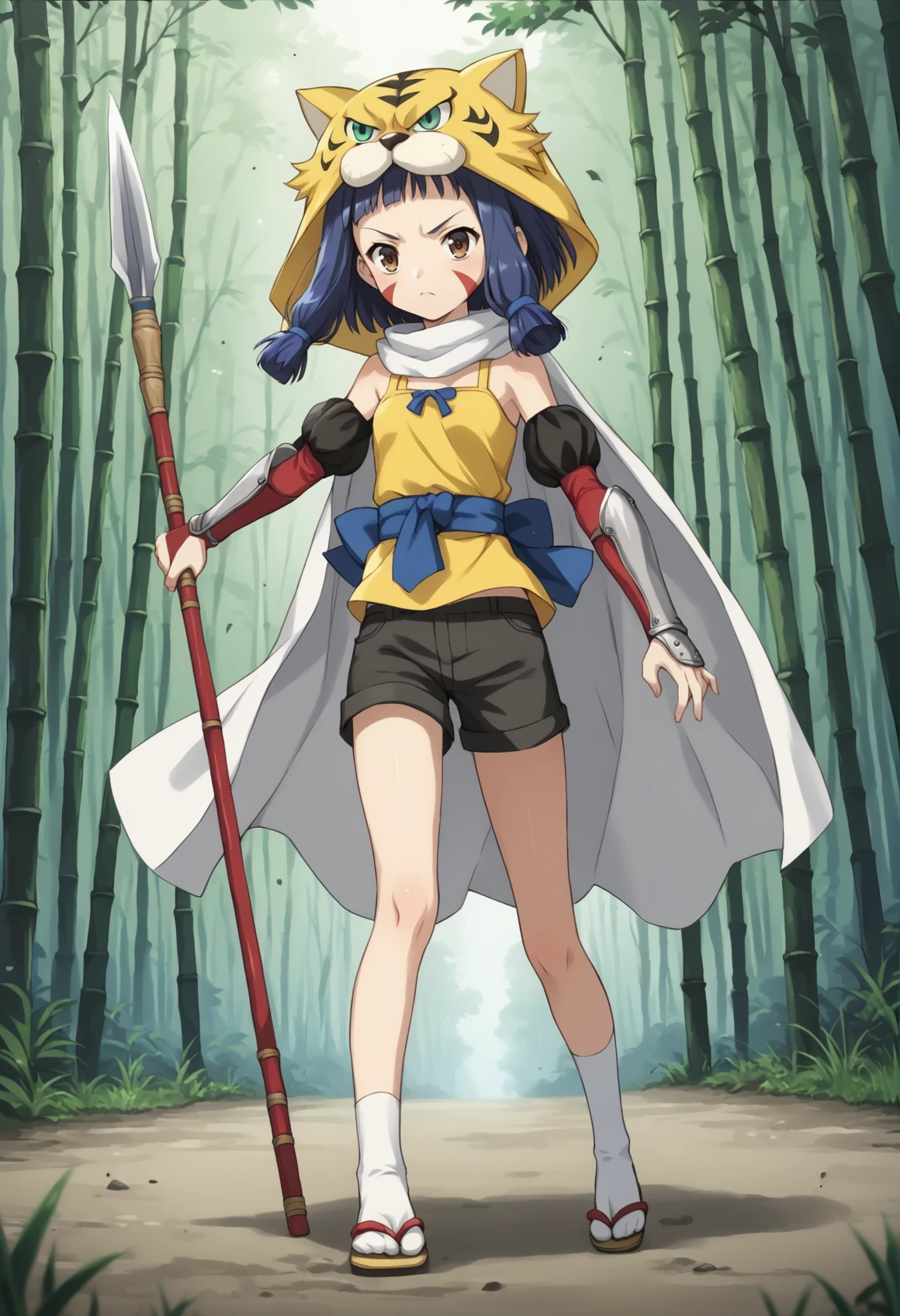 1girl, brown eyes, blue hair, medium hair, sidelocks, facepaint, animal hood, cape, bare shoulders, ribbon, detached sleeves, gauntlets, shorts, tabi, sandals, fighting stance, cowboy shot, holding polearm, spear, outdoors, bamboo forest,  dynamic pose <lora:Inuchiyou:0.8>, score_9, score_8_up, score_7_up, score_6_up, score_5_up, score_4_up, BREAK source_anime, masterpiece