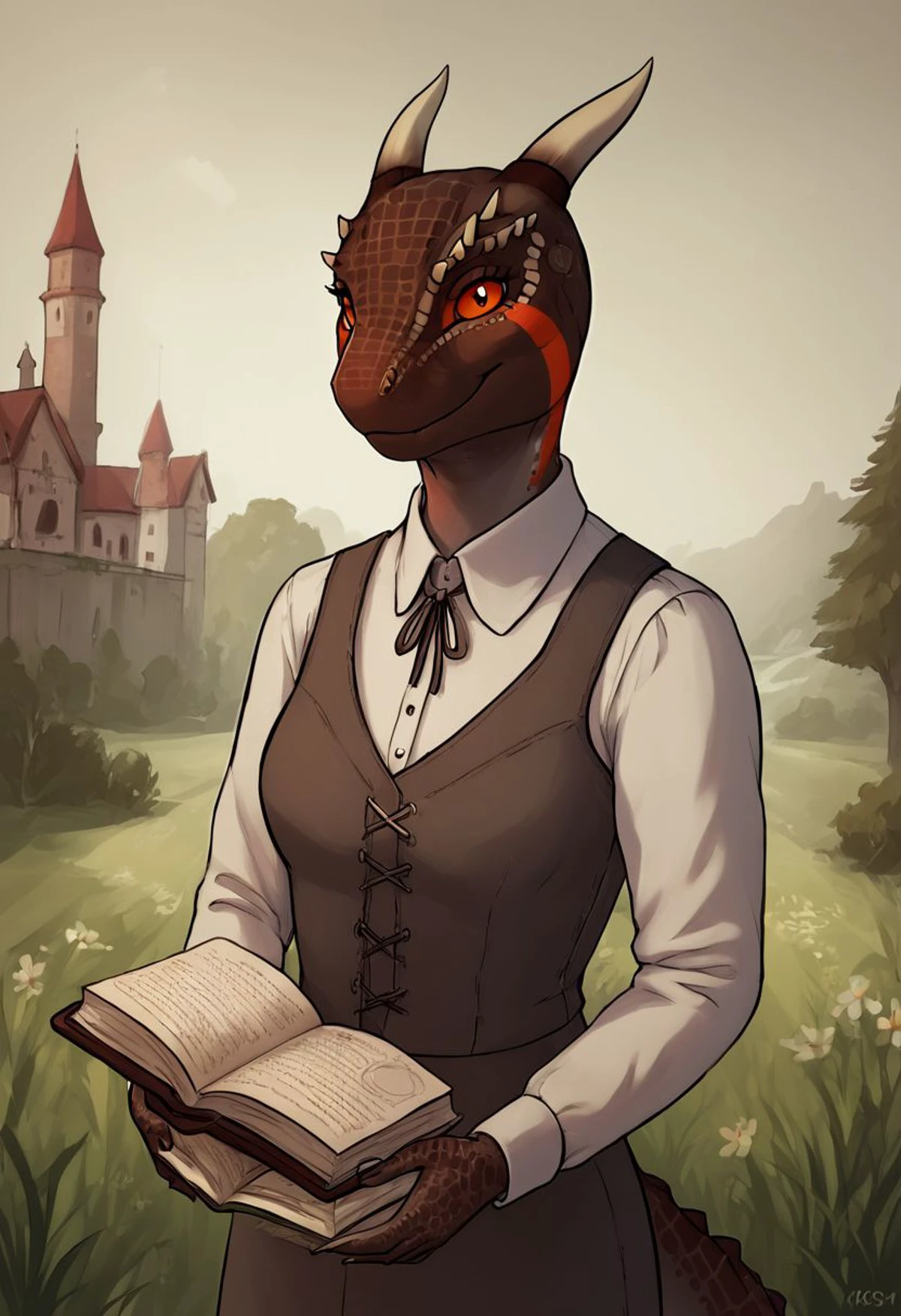 Score_9_up,  score_8_up, score_7_up, score_6_up,  solo, portrait, 1girl,  argonian,  2 horns, Hold a book in these hands, student look, castle in the background , 5 fingers, medieval student  clothes, cute, teen, (in field:1.2) , looking at viewer,  smile,  open book, Naru Wind-in-Hand