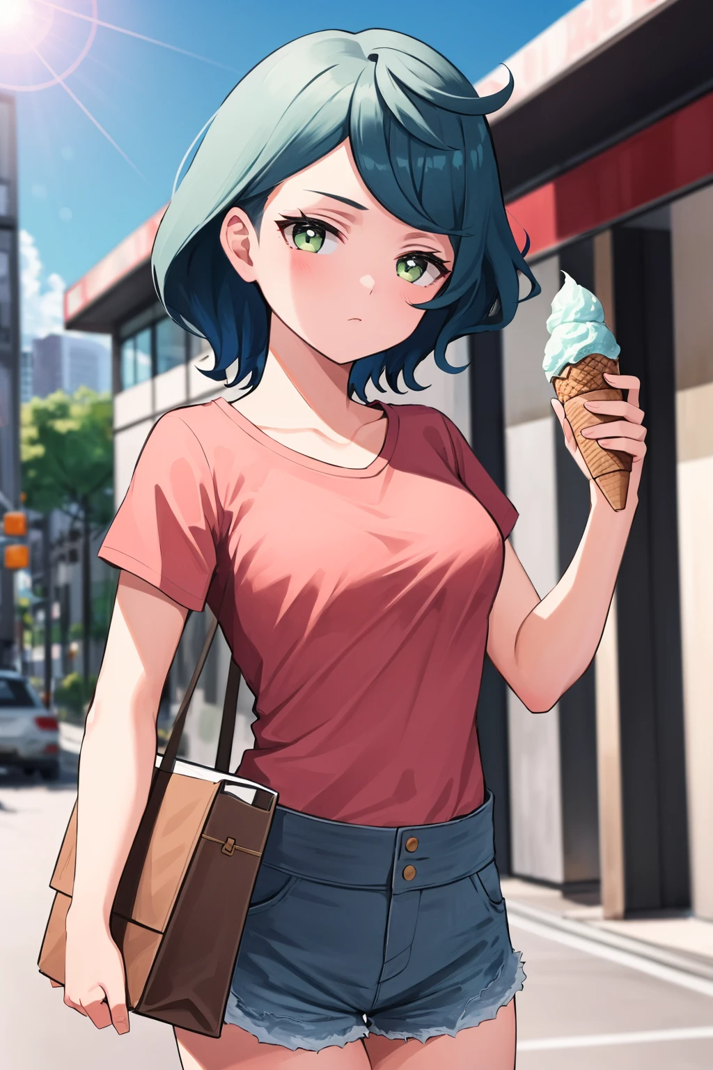 masterpiece, best quality, 1girl,  <lora:noreadunoc-nvwls-v1-000009:1> noreadunoc, pink t-shirt, jean shorts, holding ice cream, blue sky, lens flare, sun, looking at viewer, city