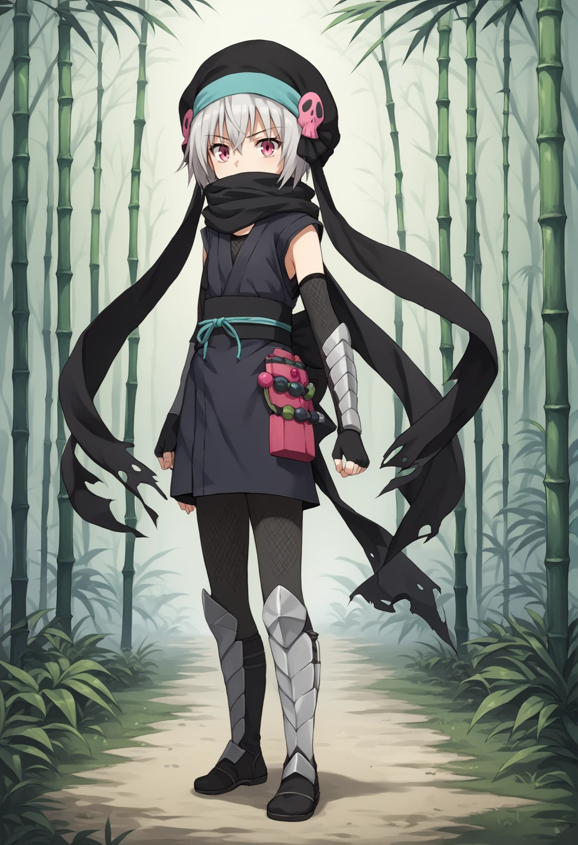 1girl, short hair, grey hair, pink eyes, hat, skull, ninja, scarf, bare shoulders, fishnets, gauntlets, fingerless gloves, greaves, standing, holding kunai, full body, cowboy shot, outdoors, bamboo forest
<lora:goemon:1>, score_9, score_8_up, score_7_up, score_6_up, score_5_up, score_4_up, BREAK source_anime, masterpiece