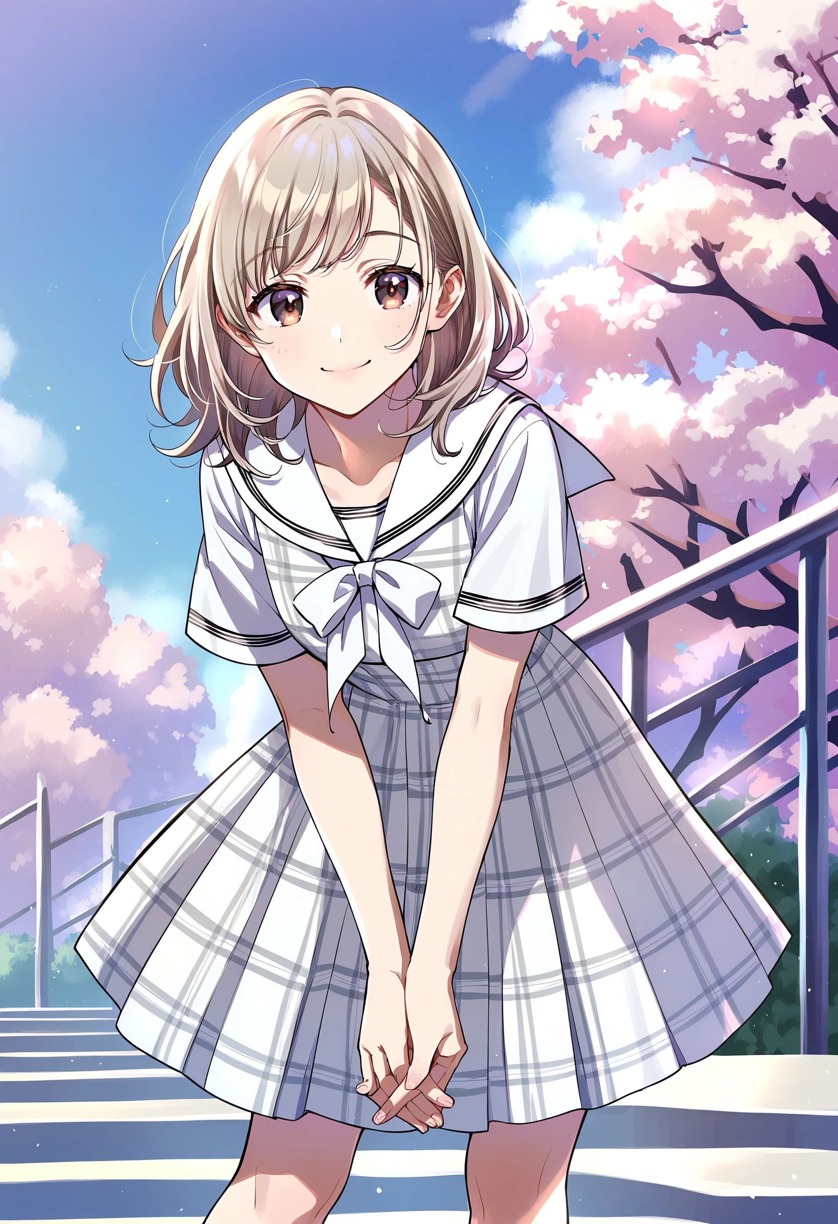 score_9, score_8_up, score_7_up, score_6_up, score_5_up, score_4_up, source_anime, <lora:Pony_Style8356194477v3-000210>, 1girl, solo, dress, sailor dress, white dress, plaid dress, black footwear, plaid, standing, short sleeves, medium hair, looking at viewer, brown eyes, grey hair, closed mouth, ribbon, black eyes, leaning forward, own hands together, smile, long hair, white ribbon, bow, scenery, cowboy shot