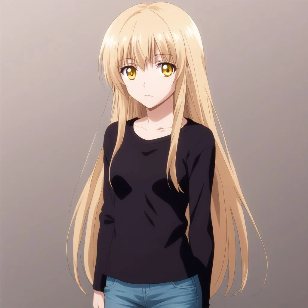 1 girl, solo, Yellow eyes, Blond hair, Long Hair, shirt, perfect eyes, jeans pant,