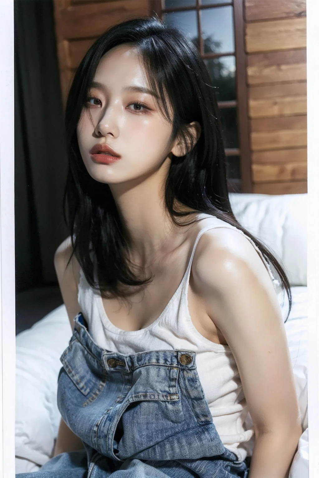 tmasterpiece,best qualtiy,(Dark photograph:1.3),realisticlying,1girll,Flat bangs,stunning innocent symmetry face,The shirt,Emotional,beautifullegs,Bare legged,showing whole body,Upper body suspenders
