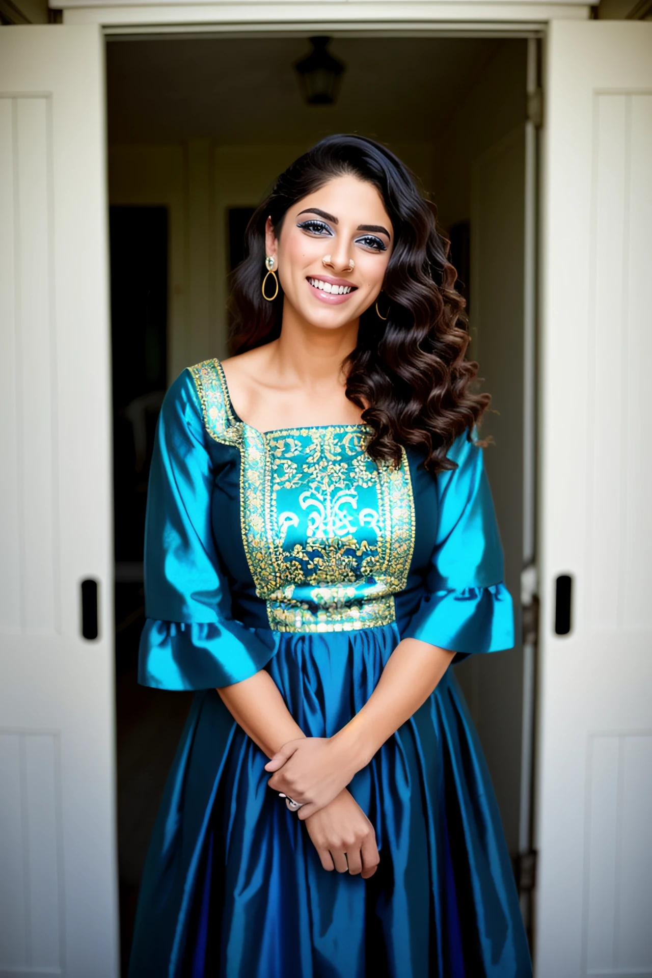 photo of a spna woman, cinematic lighting, wearing conservative intricate Blue clothes, solo, laughing outdoors in closet, background bokeh   <lora:spna_Sapna_Pabbi_SD15_LoRA_prodigy_local_regsHNepochs-000020:0.8>