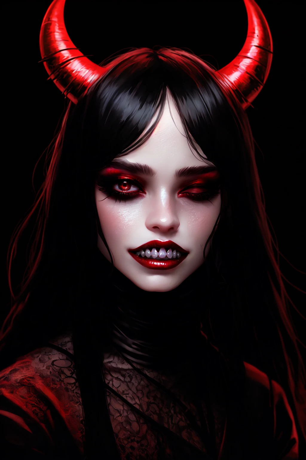 njmjzkz, 1girl, black hair, long hair, horns, teeth, black background, makeup, monster, red lips, closed eyes, lipstick, sharp teeth, lips, demon, 1boy, red skin, realistic , <lora:Niji_vs_Midjourney_for_SD_1.5:0.5>