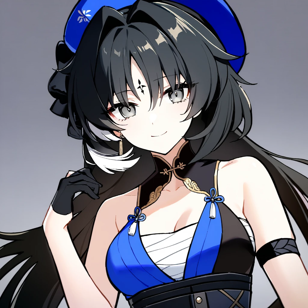 1girl,
yangyang \(wuthering waves\),
solo, sarashi, hand up, grey eyes, medium breasts, bare shoulders, black gloves, gloves, hat, long hair, white background, hair intakes, blue hat, looking at viewer, closed mouth, simple background, half gloves, single bare shoulder, upper body, very long hair, breasts, hair between eyes, chest sarashi, tassel, black hair, arm strap, smile, ribbon, hair ribbon, blue ribbon, black eyes,
masterpiece, best quality, safe
<lora:mki-ani3-yangyang-v3:1>