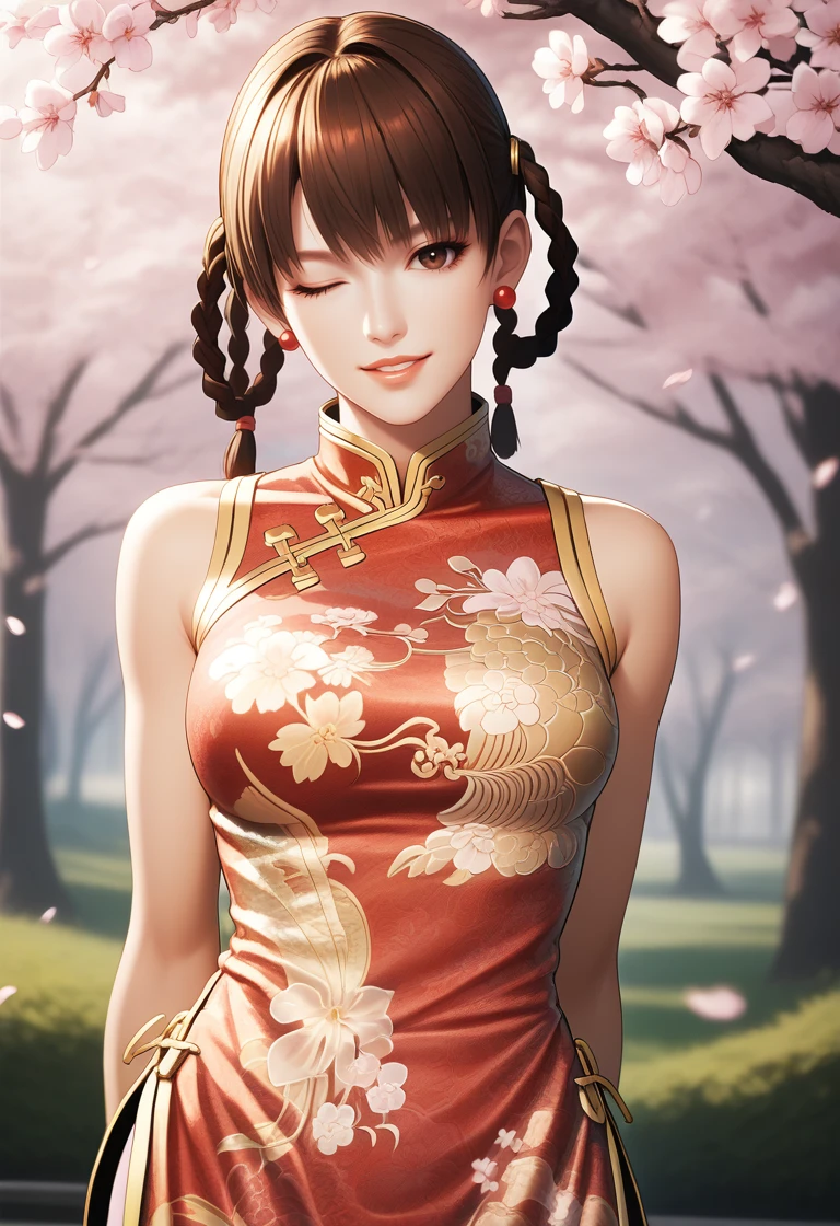 score_9, score_8_up, score_7_up, best quality, intricate details, BREAK 1girl,
<lora:Leifang_Pony_v09:1>  lfchinadress, earrings, china dress, twin braids, hair rings,,
 brown hair, brown eyes, arm behind back, parted lips, light smile, one eye closed, head tilt, 
cowboy shot, midriff, 
cherry blossoms, bokeh, high contrast, natural skin texture, hyperrealism, soft light, sharp, portrait, artistic photoshoot, colorful, vivid,