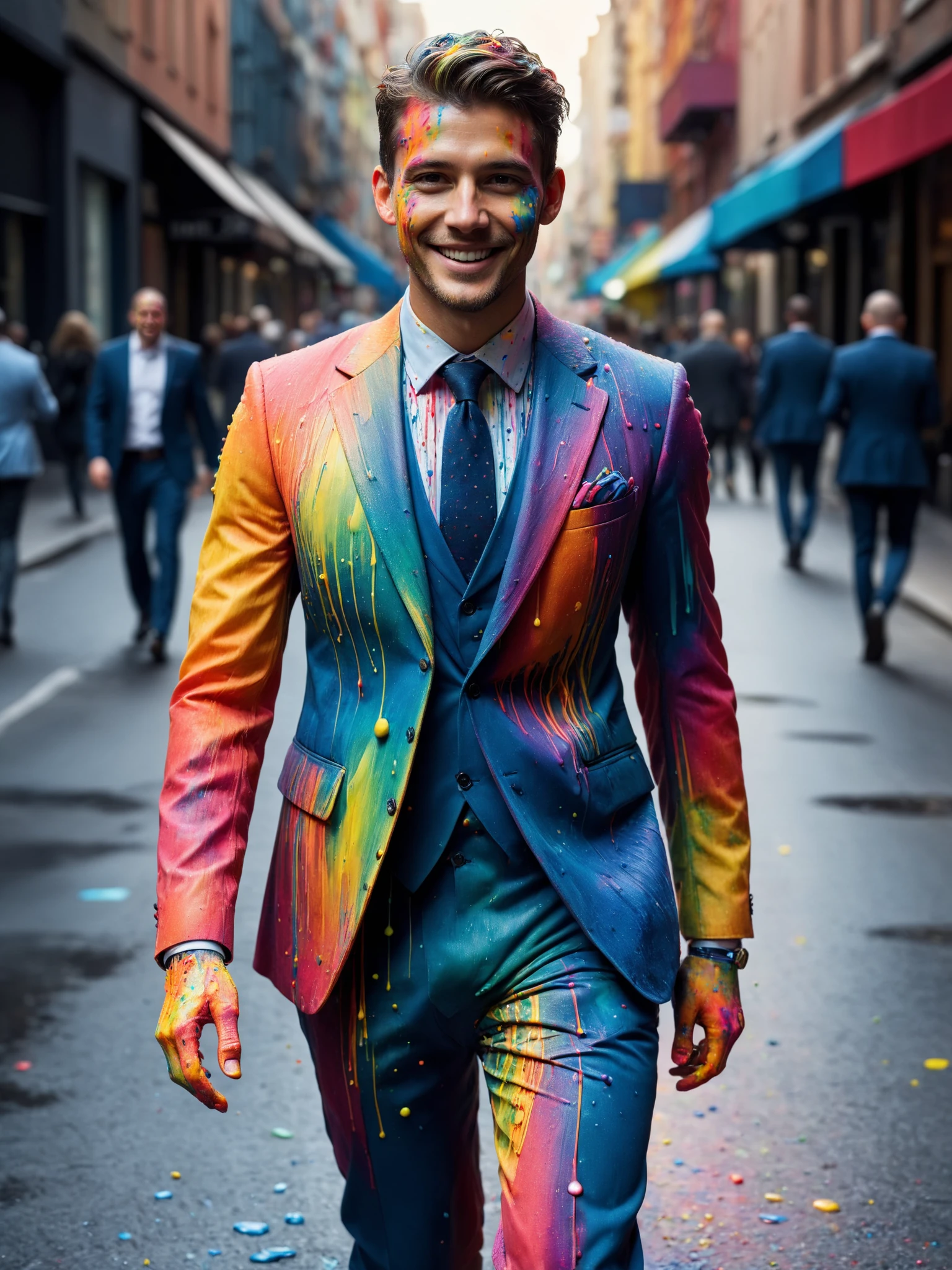 man wearing a suit made of colorful mad-thrdpnt, colorful paint, (paint splashes:1.2), walking through city, light smile <lora:3D_Paint_SDXL:0.8>, raw photo, film grain, Fujifilm XT3, (photorealistic, realistic:1.2), deep shadow,  8k, uhd, dslr, ultra high res