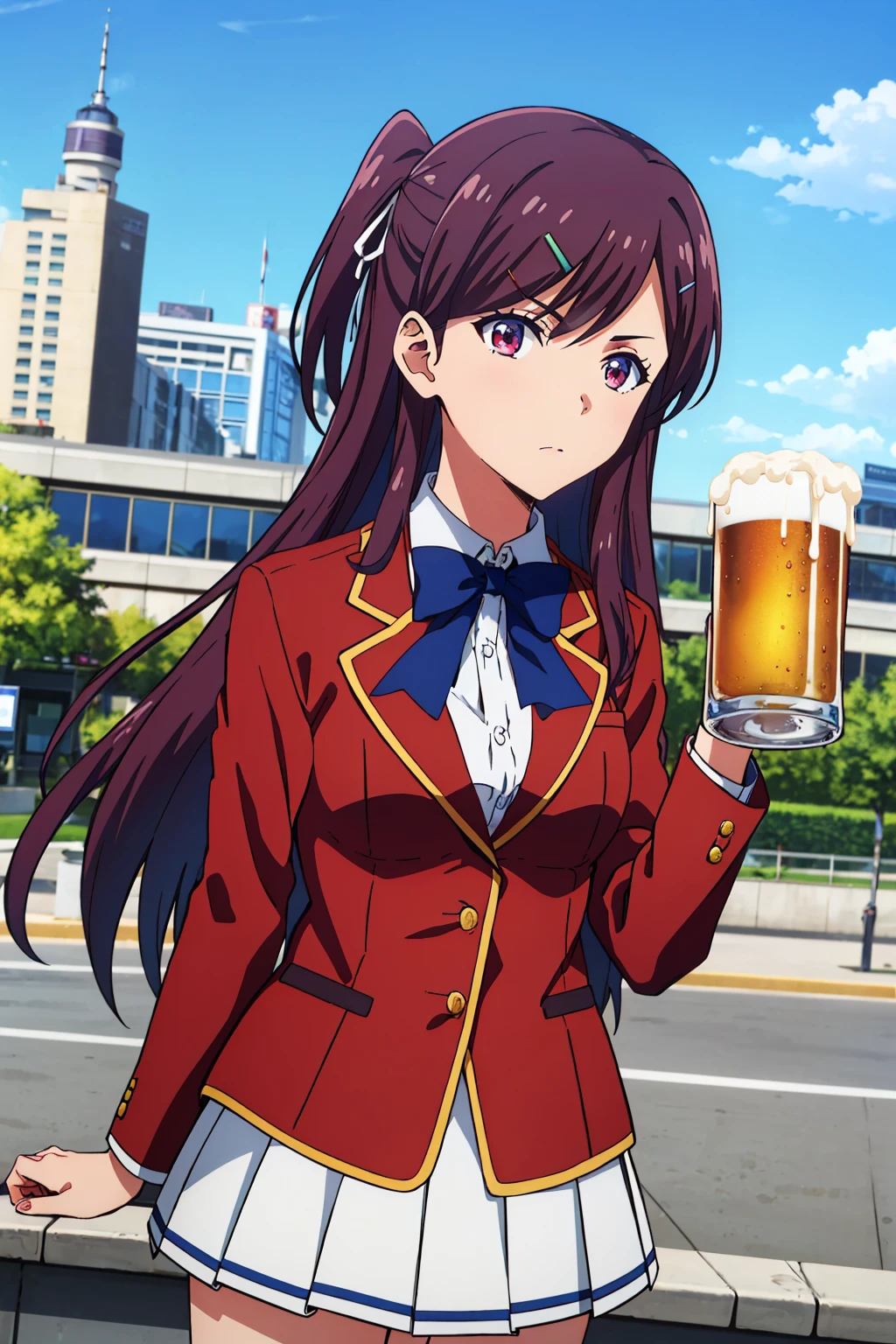 masterpiece, best quality, 1girl,  <lora:kamuromasumi-nvwls-v1-000009:0.9> masumi, one side up, hairclip, red blazer, blue bowtie, long sleeves, pleated skirt, white skirt, holding beer, city, blue sky, looking at you, pov