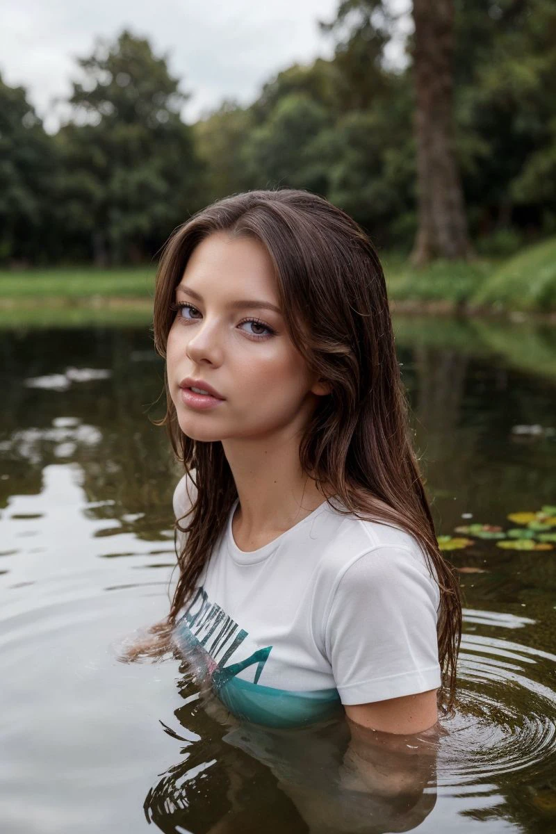 portrait of S421_JuliaZubova,a beautiful woman,in a (pond:1.1),wearing a (graphic-tshirt:1.1),(wet-hair),(4k, RAW photo, best quality, 50mm, depth of field, ultra high res:1.1),(intricate, photorealistic, cinematic-shot, masterpiece, ultra-detailed:1.1),