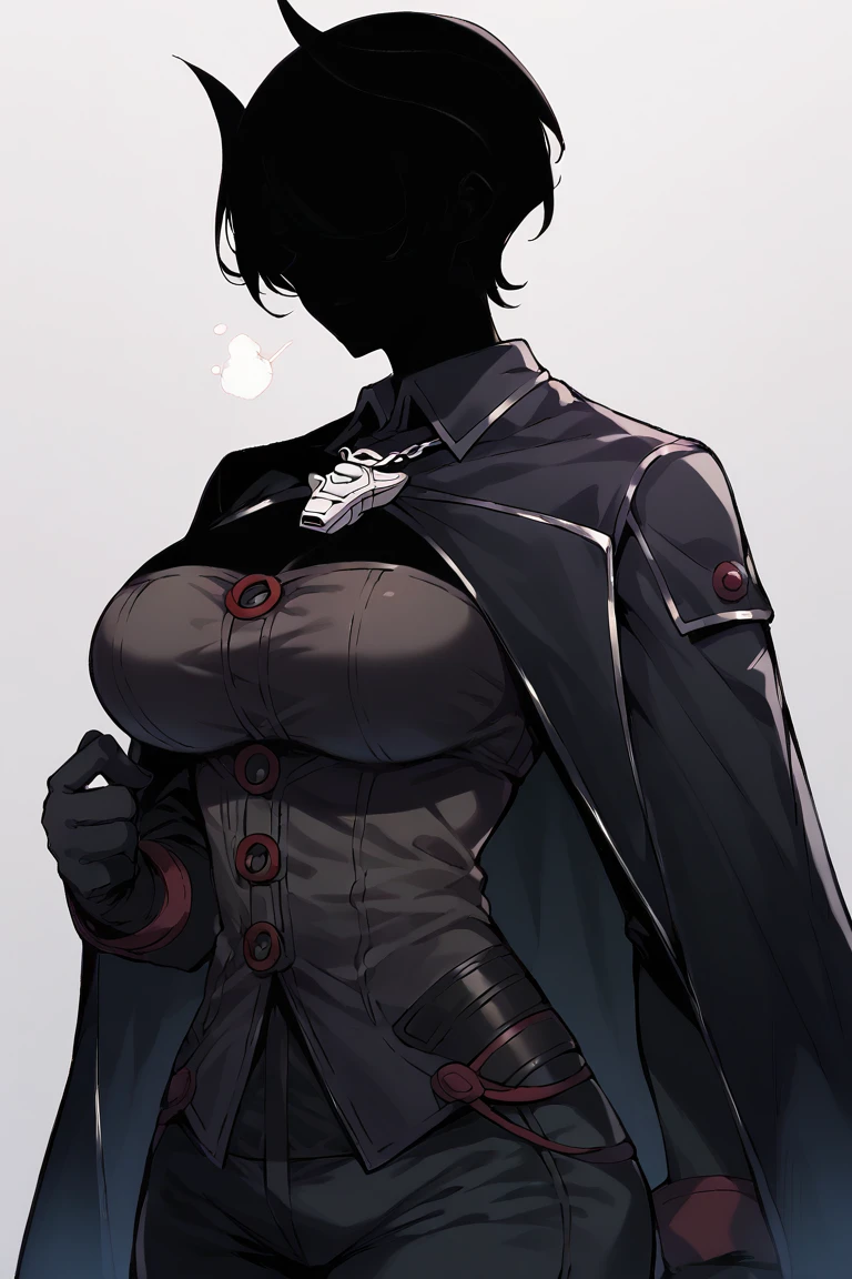 <lora:ShadowPerson-000004:1>, big breasts, 1girl, ShadowPerson, colored skin, black skin, black hair, <lora:madeinabyss_ozen_ponyXL:0.7> ozen, black cape, black jacket, long sleeves, black gloves, black pants, whistle,, score_9, score_8_up, score_7_up,