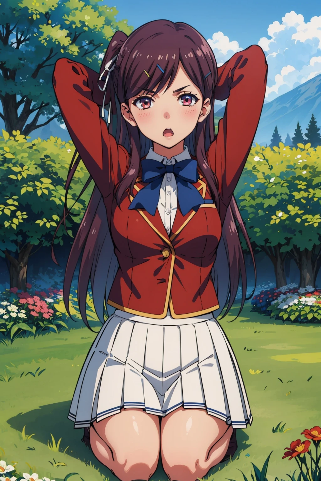 masterpiece, best quality, 1girl,  <lora:kamuromasumi-nvwls-v1-000009:0.9> masumi, one side up, hairclip, red blazer, blue bowtie, long sleeves, pleated skirt, white skirt, seiza, arms behind head, garden, grass, looking at you, blush, :o