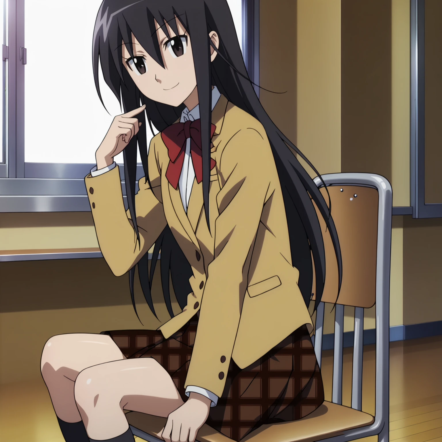 <lora:ShinoAmakusaXLpony001>,
smile,
solo,
ShinoAmakusa,1girl,black hair,long hair,black eyes,
school_uniform,bowtie,
plaid skirt,
black socks,
indoors,
sitting,chair,